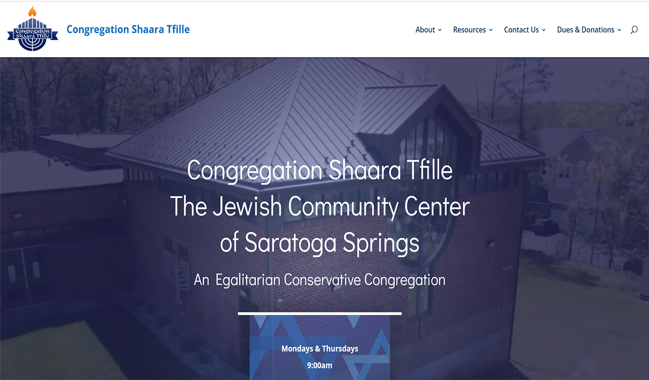 Home page screen shot of the website for Congregation Shaara Tfille