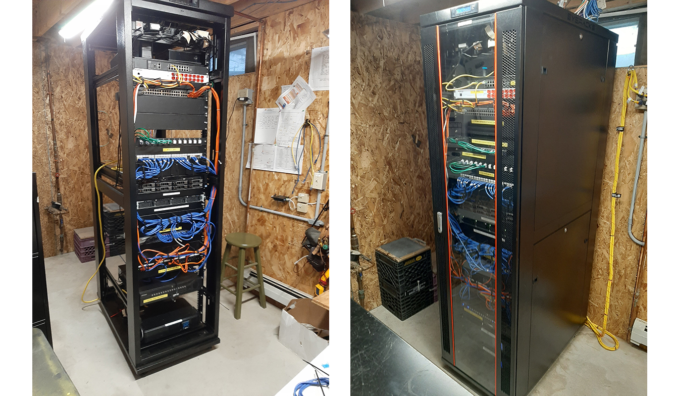 Two perspectives of the server rack at Moore Recycling.